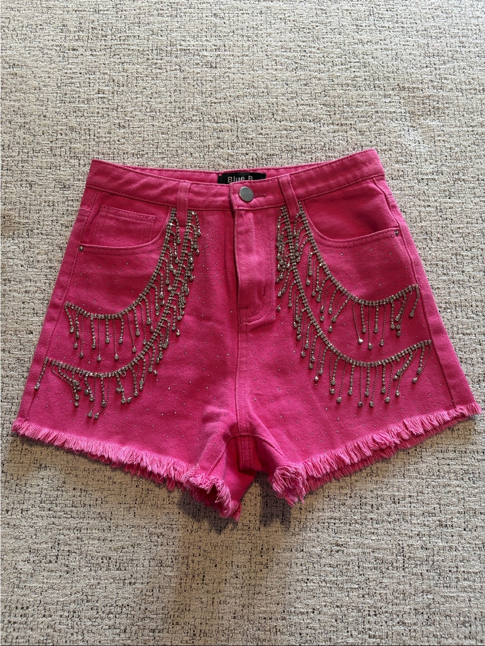 Blue B Hot Pink Beaded Fringe Denim Shorts